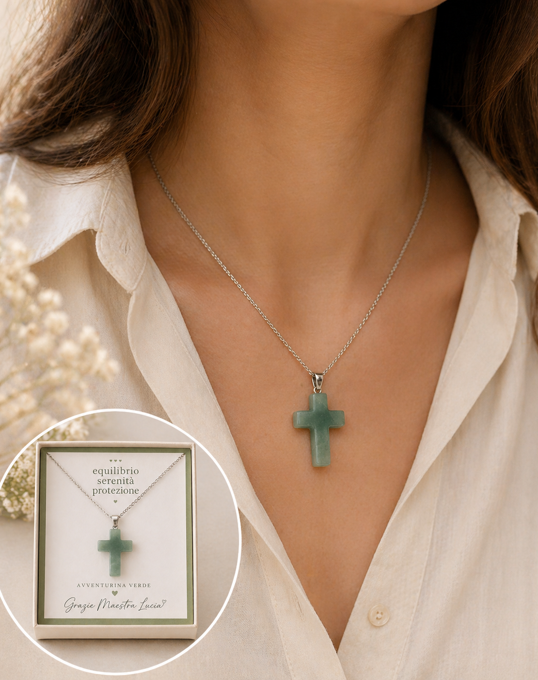 Collana con pendente Croce in Avventurina verde